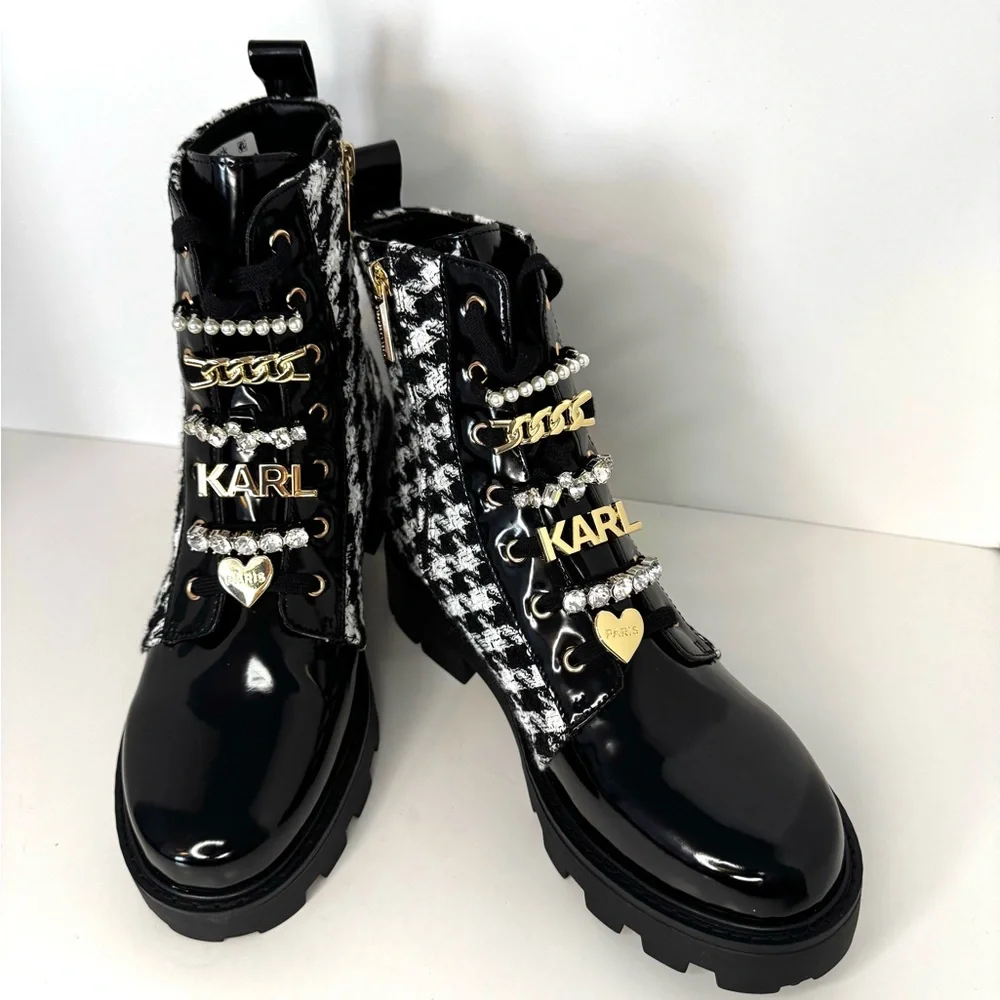 New Karl Lagerfeld Mela Tweed Black/White Combat Boots - Picture 11 of 12